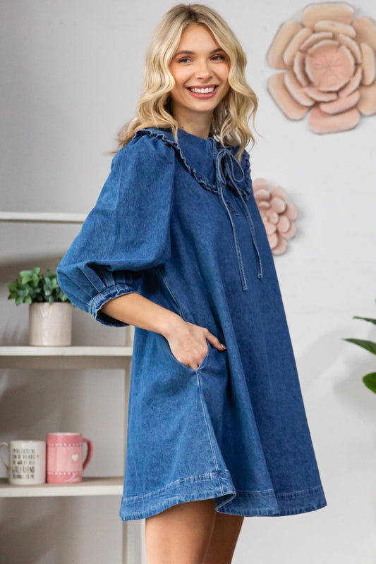 V Neck Tie Ruffle Collar Denim Dress