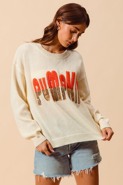 Contrast Sequin Pumpkin Slogan Sweater Top