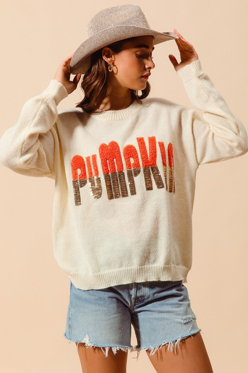Contrast Sequin Pumpkin Slogan Sweater Top