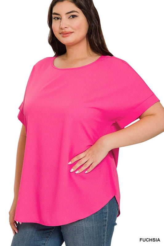 Plus Size Woven Heavy Dobby Rolled Sleeve Boat Neck Top Pink