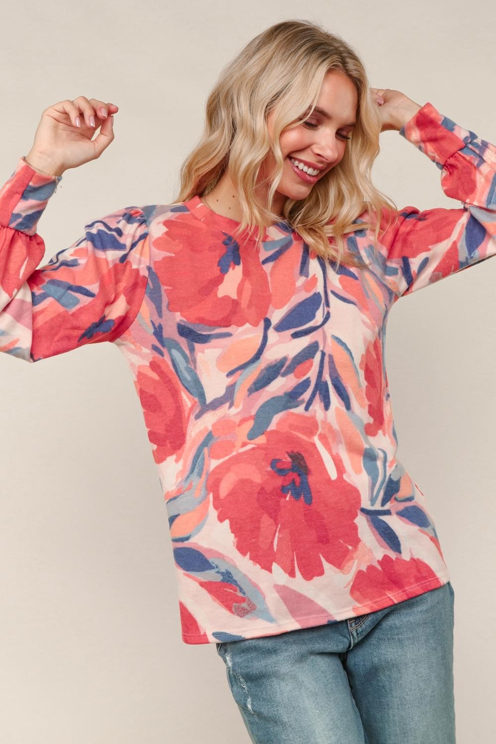 Round Neck Ruff Floral Print Brushed Knit Top Blush/Red (PREORDER)