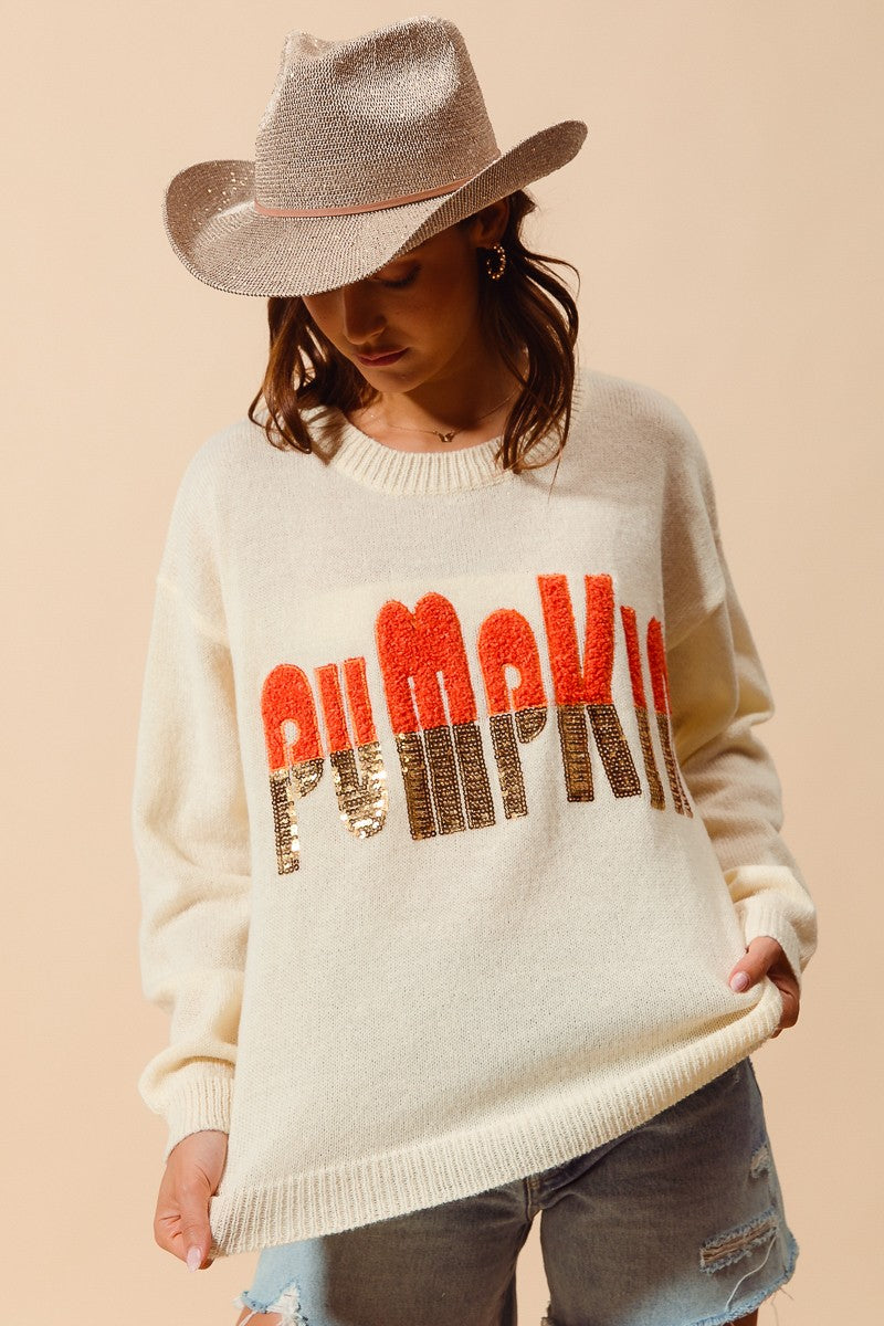 Contrast Sequin Pumpkin Slogan Sweater Top