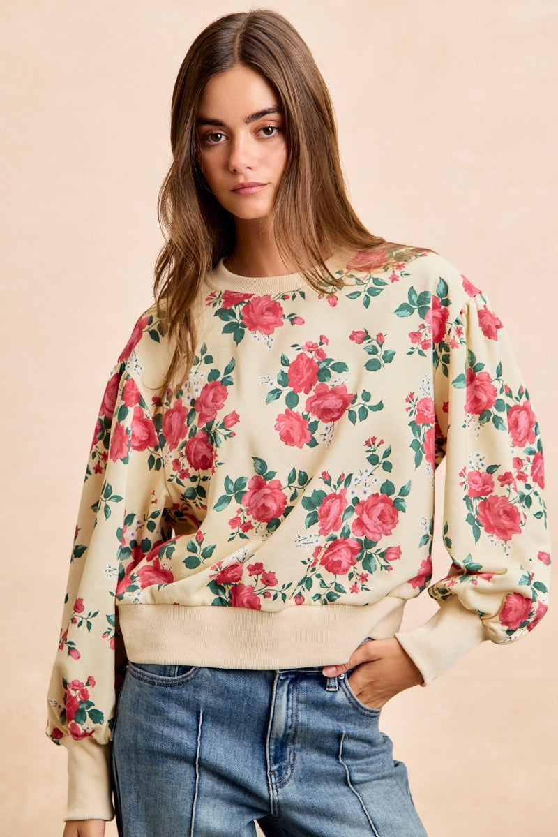 Rose Printed Terry Balloon Sleeves Pull Over Top Cream/Coral PREORDER