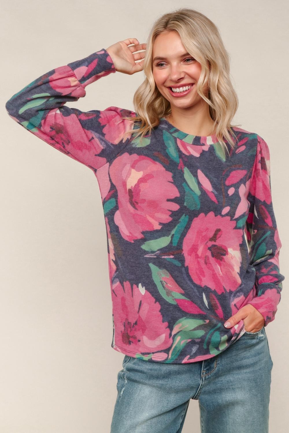 Round Neck Ruff Floral Print Brushed Knit Top Navy/Magenta (PREORDER)