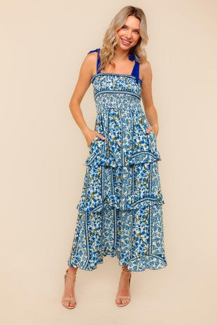 Smocking Tube Top Strap Bow Tie Maxi Dress Navy PREORDER
