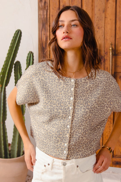Vintage Leopard Print Button Front Sweater Vest Top
