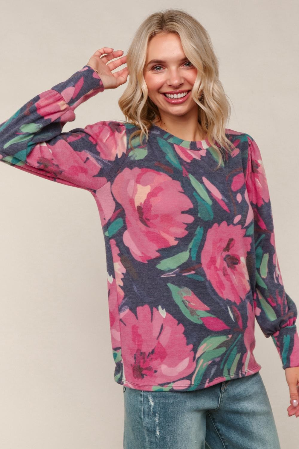 Round Neck Ruff Floral Print Brushed Knit Top Navy/Magenta (PREORDER)