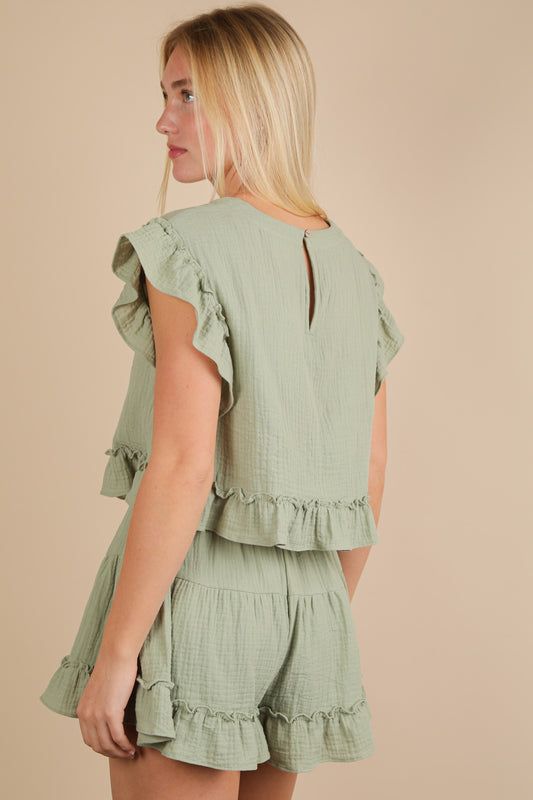 Ruffled Solid Woven Top & Shorts Set Sage