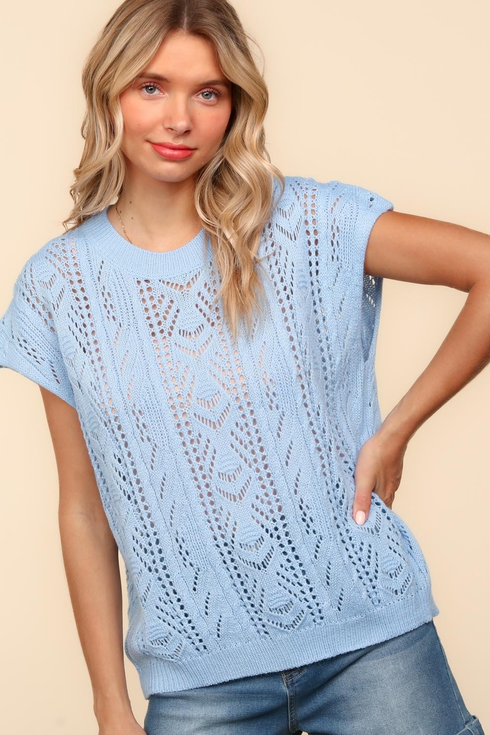 DOLMAN SHORT SLEEVE CROCHET SWEATER KNIT Lt Blue