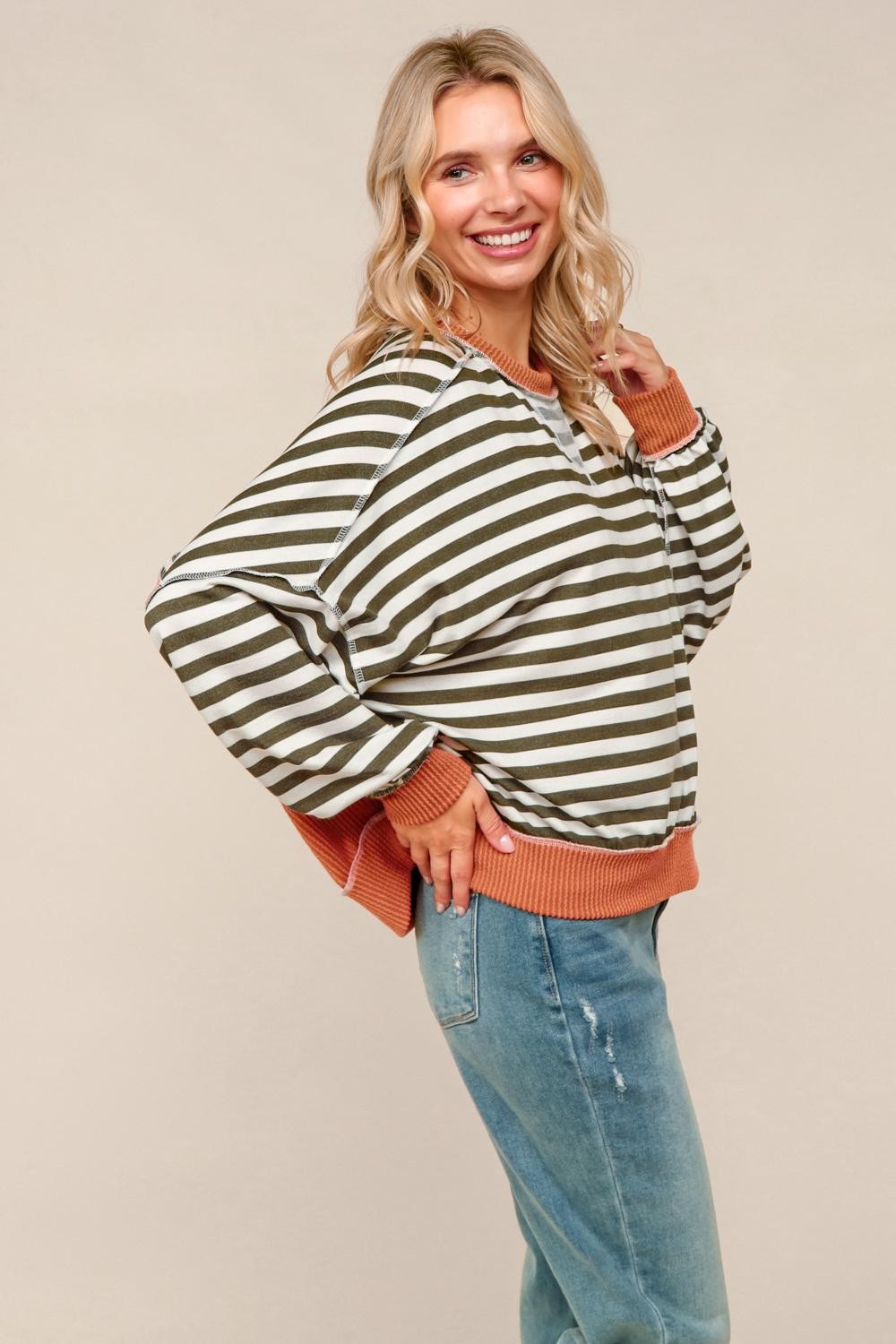 Crew Neck Loose Fit Stripe Pullover Knit Top (PREORDER)