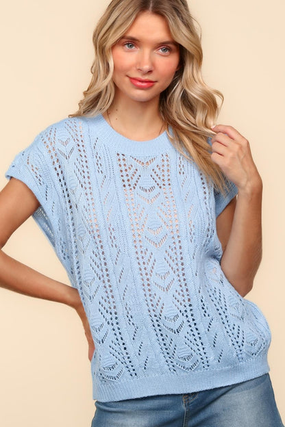 DOLMAN SHORT SLEEVE CROCHET SWEATER KNIT Lt Blue