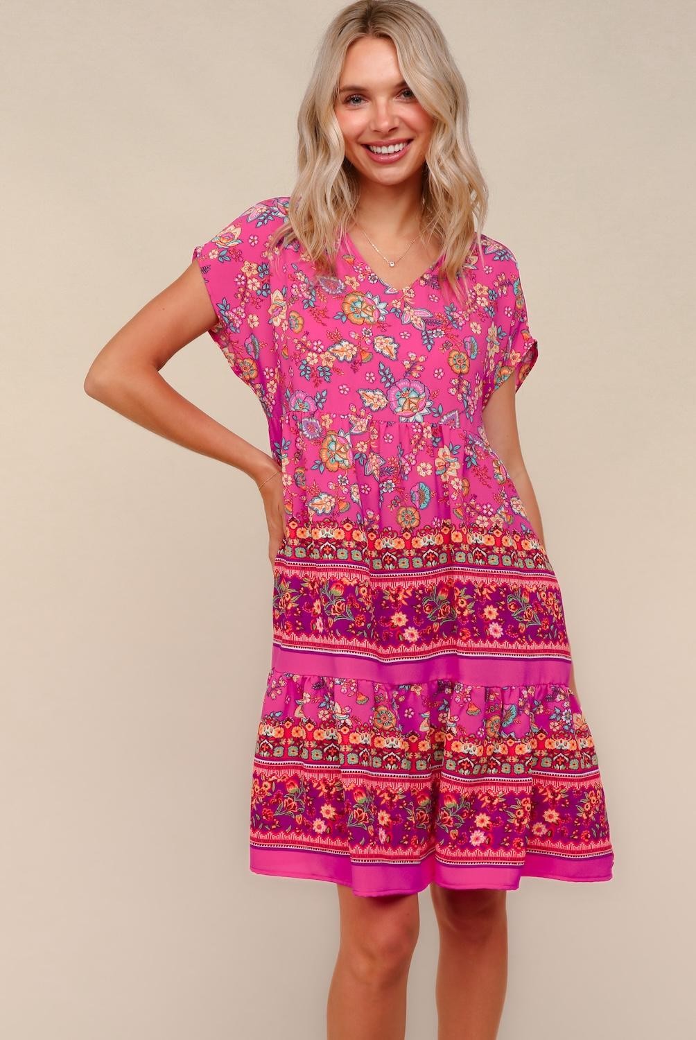 Tiered Knee Length Floral Border Print Dress