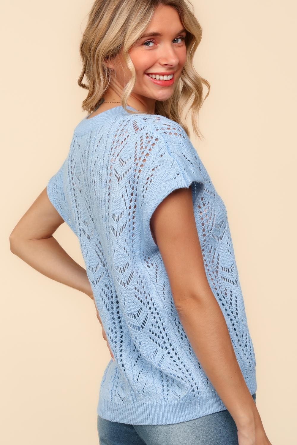 DOLMAN SHORT SLEEVE CROCHET SWEATER KNIT Lt Blue