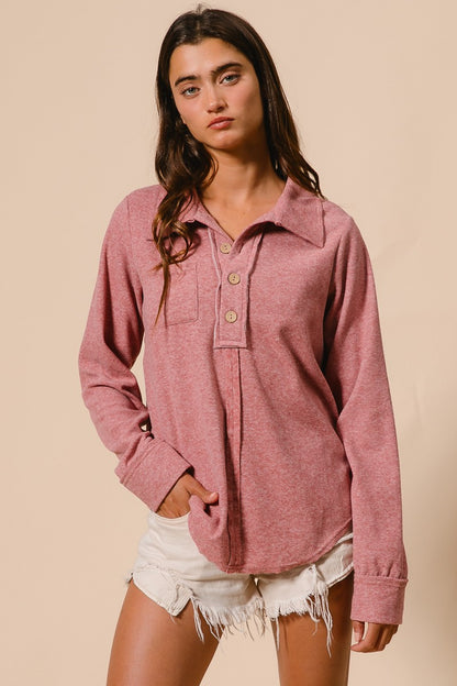 Brushed Hacci Buttoned Collared Top