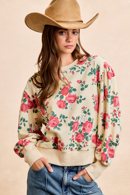 Rose Printed Terry Balloon Sleeves Pull Over Top Cream/Coral PREORDER