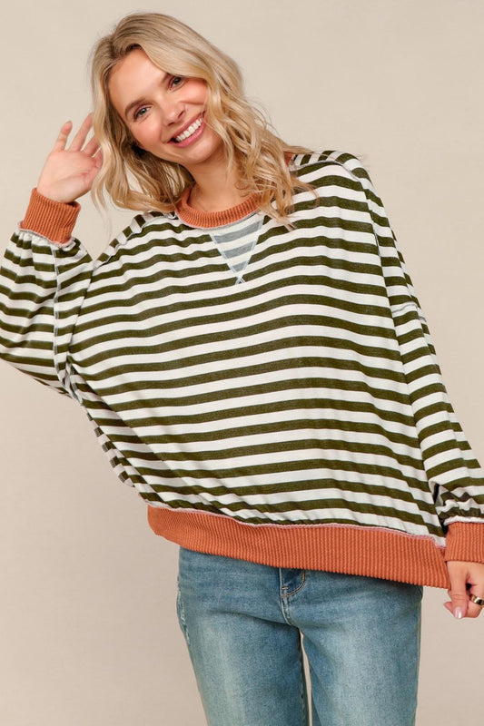 Crew Neck Loose Fit Stripe Pullover Knit Top (PREORDER)