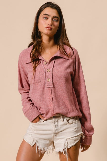 Brushed Hacci Buttoned Collared Top