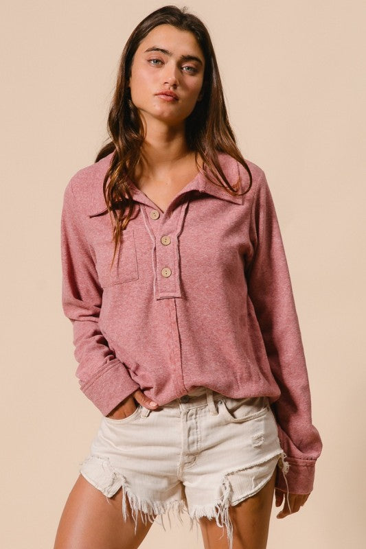 Brushed Hacci Buttoned Collared Top