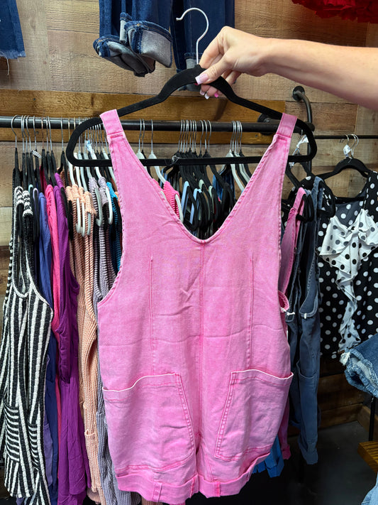 Washed Adjustable Strap Romper Denim With Pocket - Hot Pink