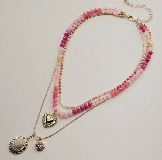 Layered Beaded and pendant Necklace Set - Pink