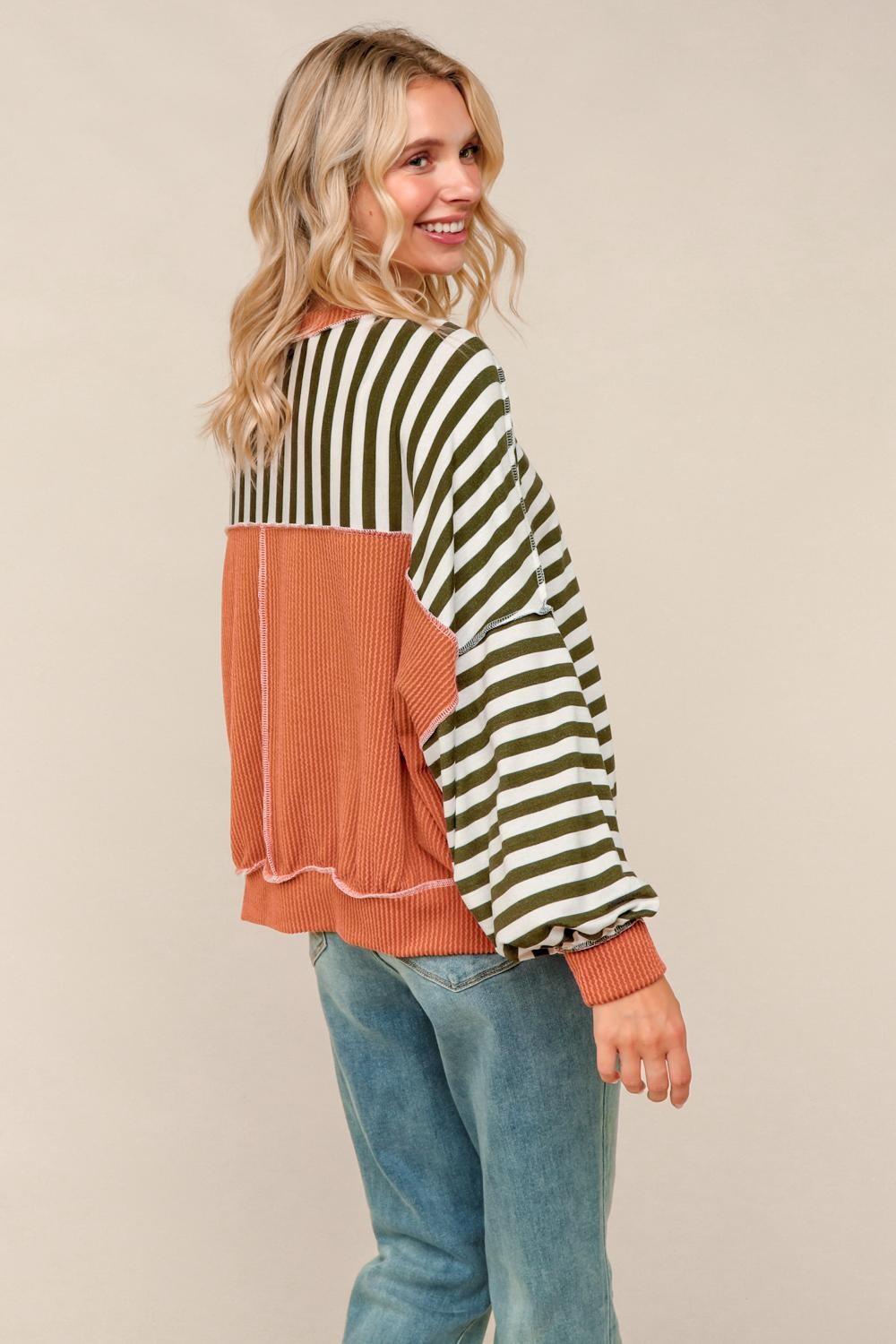 Crew Neck Loose Fit Stripe Pullover Knit Top (PREORDER)