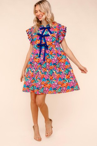 Bow Tied Mock Neck Floral Babydoll Dress (PREORDER)