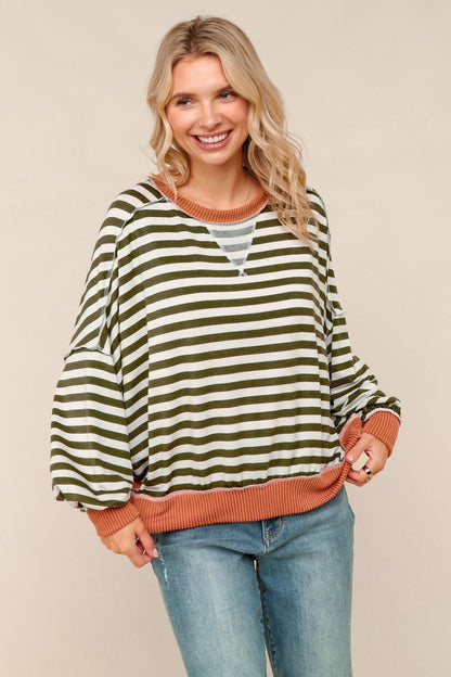 Crew Neck Loose Fit Stripe Pullover Knit Top (PREORDER)