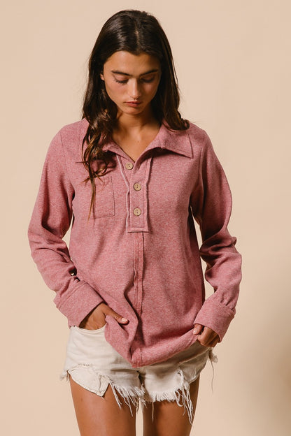 Brushed Hacci Buttoned Collared Top