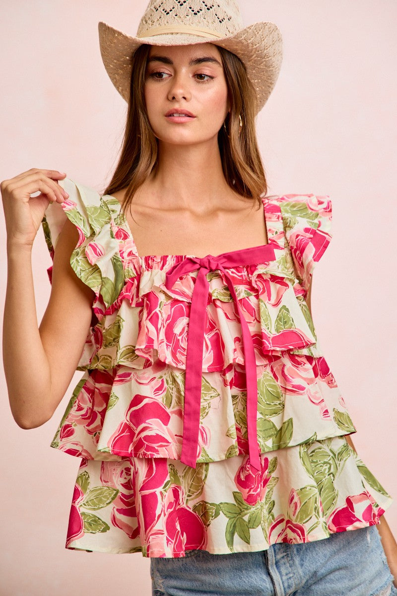 Floral Print Woven Bow Tie Ruffle Square Neck Top PREORDER