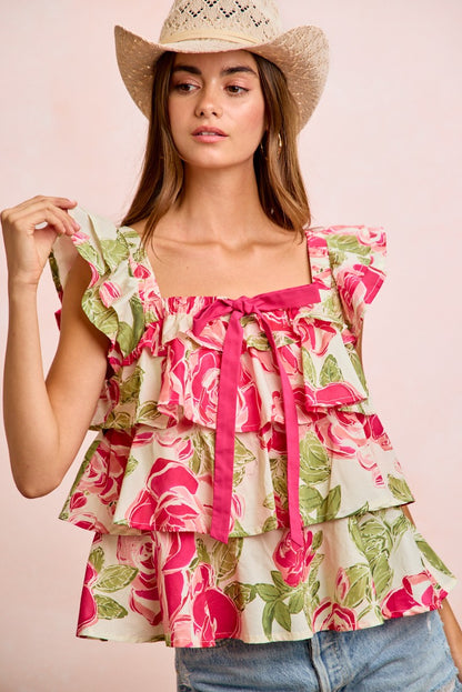 Floral Print Woven Bow Tie Ruffle Square Neck Top PREORDER