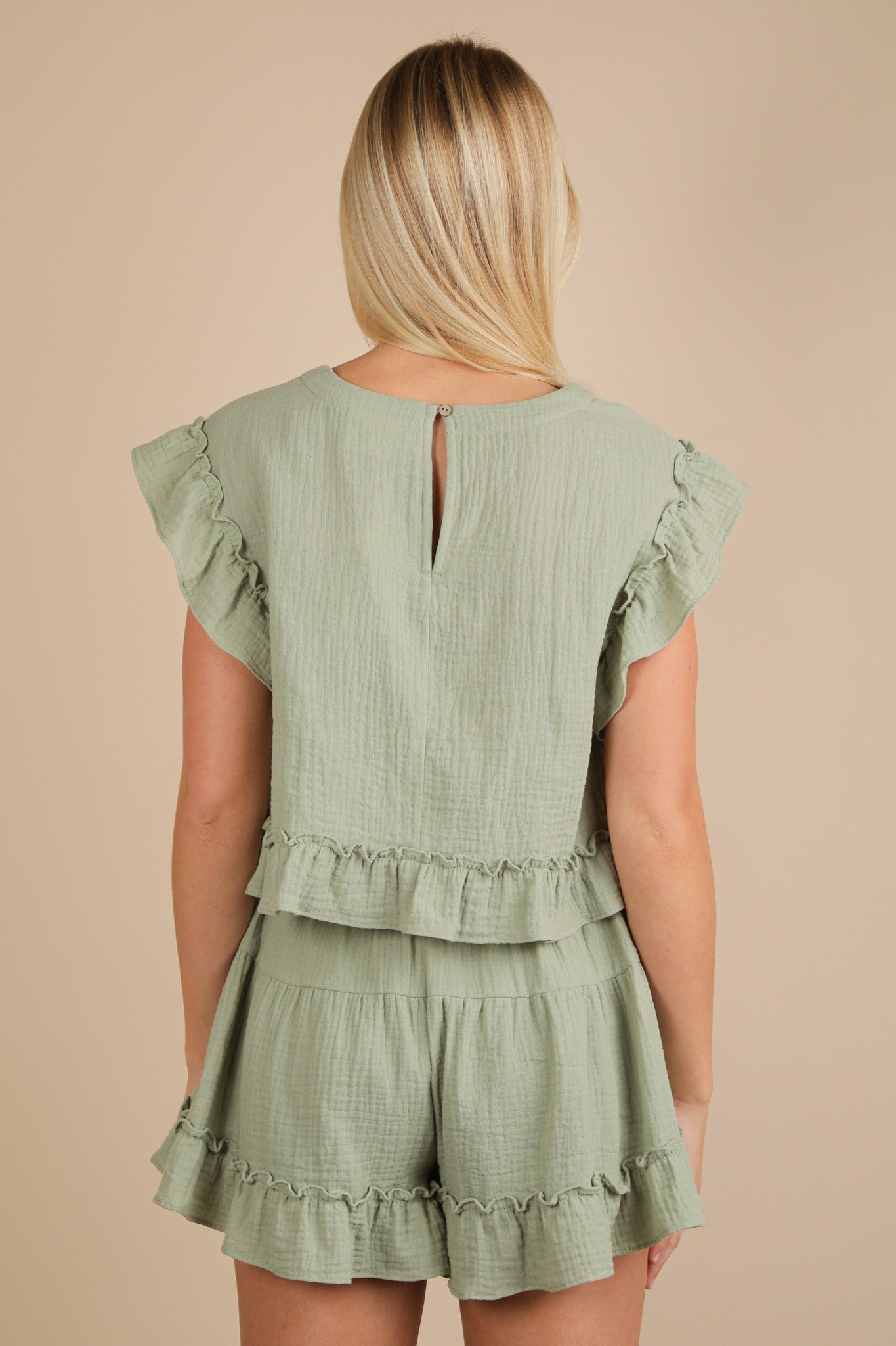 Ruffled Solid Woven Top & Shorts Set Sage