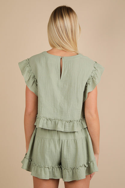 Ruffled Solid Woven Top & Shorts Set Sage