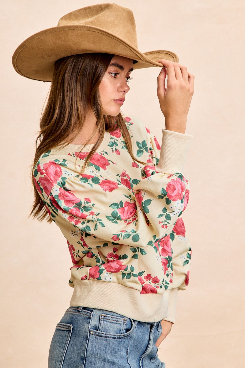 Rose Printed Terry Balloon Sleeves Pull Over Top Cream/Coral PREORDER