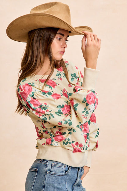 Rose Printed Terry Balloon Sleeves Pull Over Top Cream/Coral PREORDER