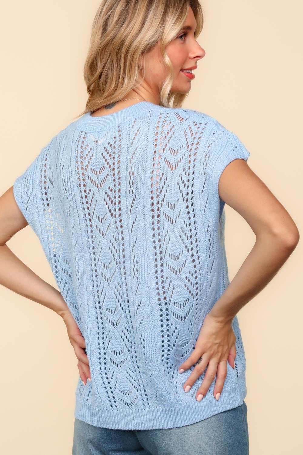 DOLMAN SHORT SLEEVE CROCHET SWEATER KNIT Lt Blue