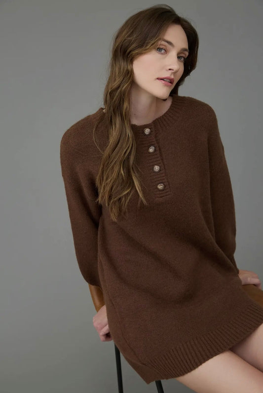 Half Button Long Sleeve Mini Sweater Dress - Coffee