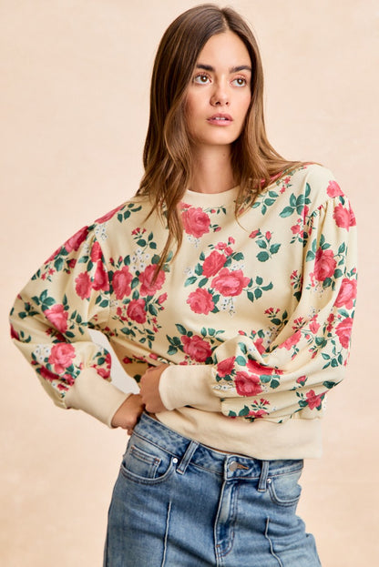 Rose Printed Terry Balloon Sleeves Pull Over Top Cream/Coral PREORDER