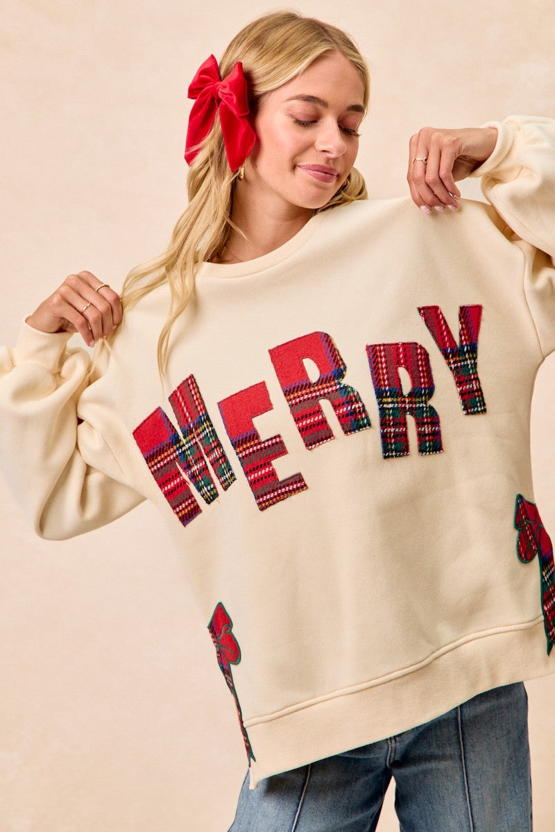 Christmas Plaid Merry Side Bow Patches Sweatshirt