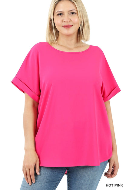 Plus Size Woven Heavy Dobby Rolled Sleeve Boat Neck Top Pink