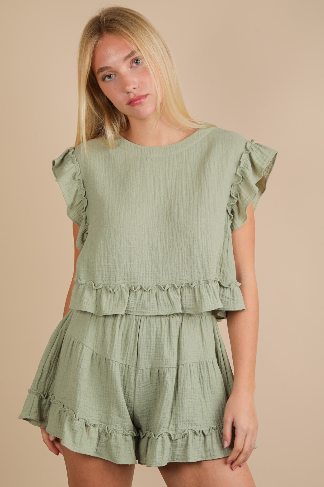 Ruffled Solid Woven Top & Shorts Set Sage