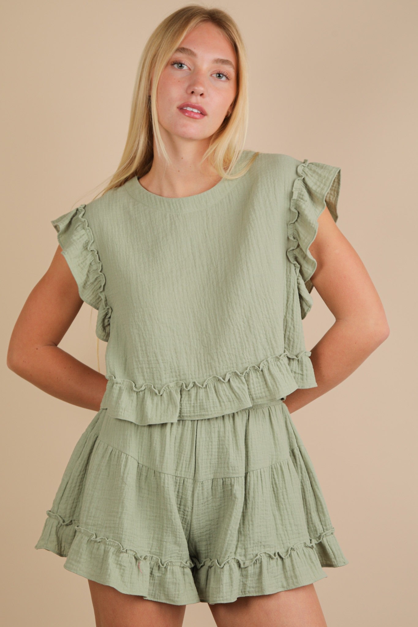 Ruffled Solid Woven Top & Shorts Set Sage