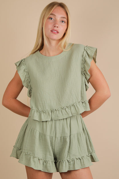 Ruffled Solid Woven Top & Shorts Set Sage