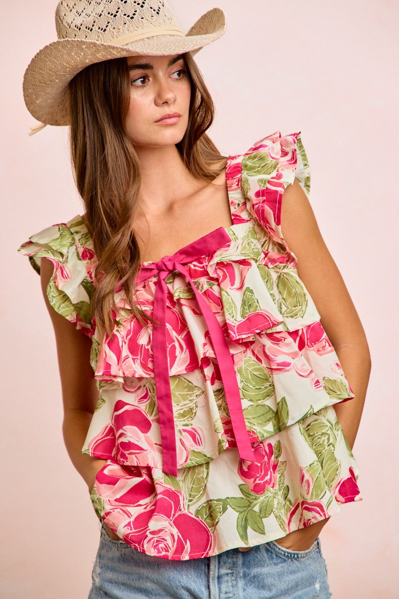Floral Print Woven Bow Tie Ruffle Square Neck Top PREORDER