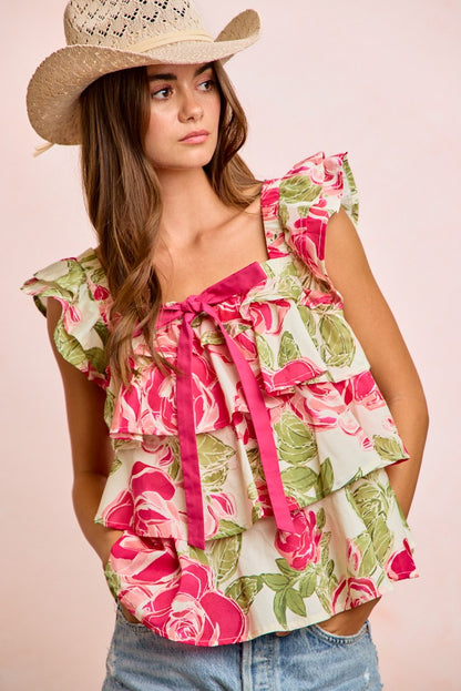 Floral Print Woven Bow Tie Ruffle Square Neck Top PREORDER