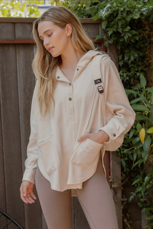 Exposed Seam Half Buttoned Hooded Knit Top - Ivory